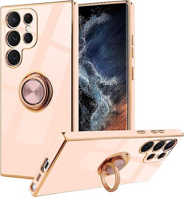 FOCUS Samsung Galaxy S23 Ultra Case Cover Soft Silicone Luxury Gold Lining Case Rotatable Kickstand Grip Holder Magnetic Car Mount Cover Shock Absorbent Case for Samsung Galaxy S23 Ultra (Pink)
