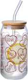 1CHASE Borosilicate Valentine-Themed Patterns Drinking Glasses With Bamboo Lid 550ml, Glass Straw And Cleaning Brush, Mason Jar, Can Shaped Tumblers - Set Of 2