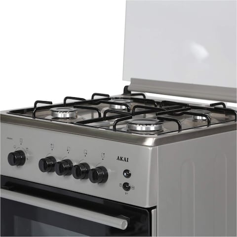 Akai Freestanding Gas Range Cooker With 4 Burners, Silver/Black, CRMA606SC