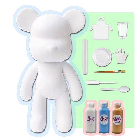 DIY CREATE YOUR OWN UNIQUE ACRYLIC FLUID POURING PAINT BEAR (9 inch - 23 cm) COMPLETE SET, colors: White, Light-Blue, Gold. Arts and Crafts, Customize Handmade Creative Birthday Gift