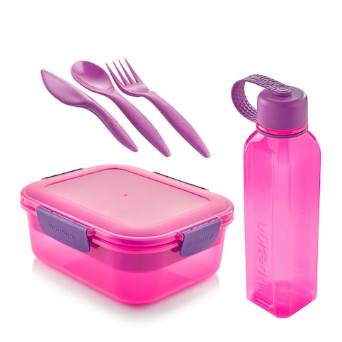 M-Design Lunch Set - 2.1L Lunch Box with 800ml Water Bottle and 3-Piece Cutlery Set - Pink/Purple