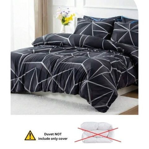 Luna Home Single Size 4 Pieces Black With Grey Geometric Design Duvet Cover Set