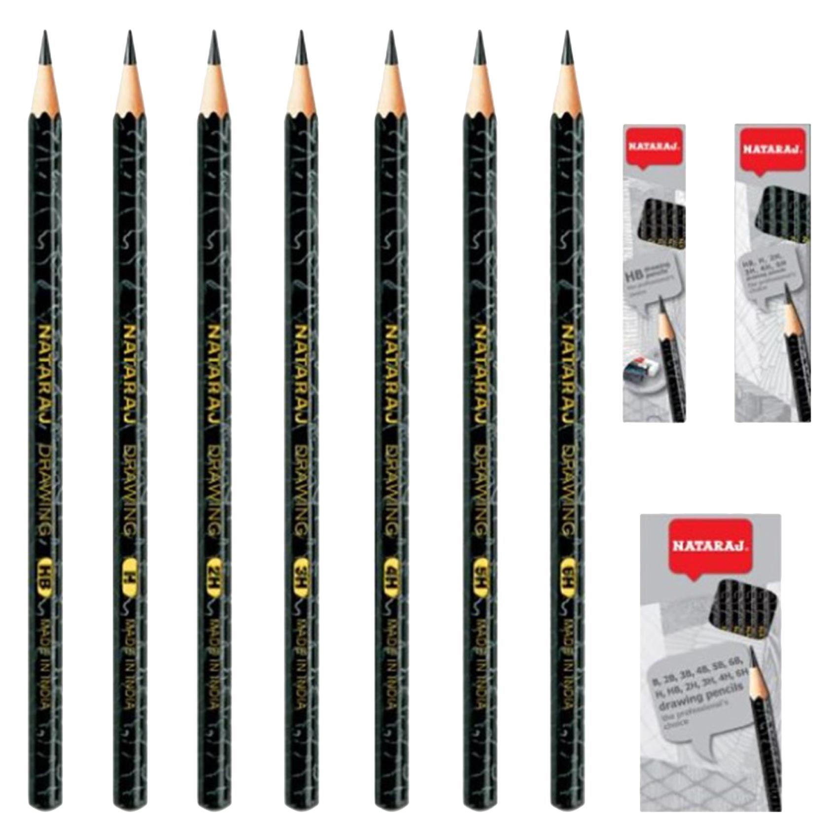 Natraj 3H Sharpened Drawing Pencil With Eraser And Sharpener Set Black 14 Pieces