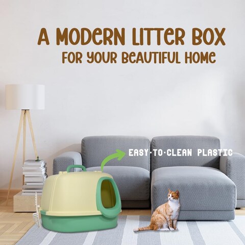 Cat Litter Box With Cat Litter Scoop, Large Indoor Cats Toilet , Easy Clean &amp; Deodorant Filter, Portable Cat Litter with Pedal Design (Green-Yellow)