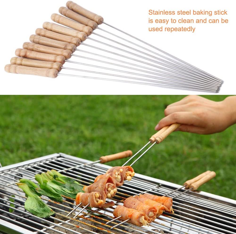 Barbecue Skewer Stainless Steel Needles Sticker With Wooden Handle - Outdoor Grill Accessories (12 Pcs)