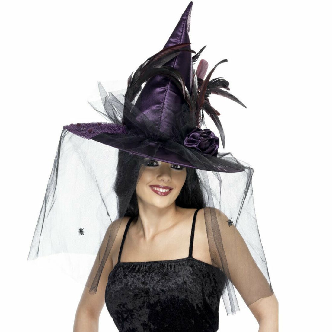 Smiffys Halloween Witch Hat with Feathers and Netting for Women- Purple