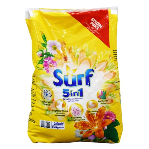 Buy SURF 5 IN 1 SEMI-AUTOMATIC DETERGENT POWDER WITH SPRING FLOWERS FRESHNESS 2.4KG in Kuwait