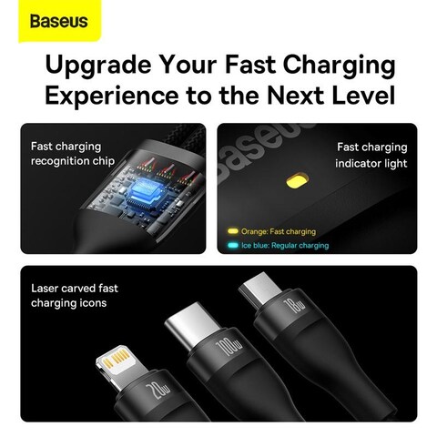 Baseus 100W Flash Series II Two-for-Three Fast Charging USB Type C Data Cable Compatible For iPhone 15/14/13/12/11 Series/MacBook/iPad/Samsung/Huawei And More 1.2 m Length, Black