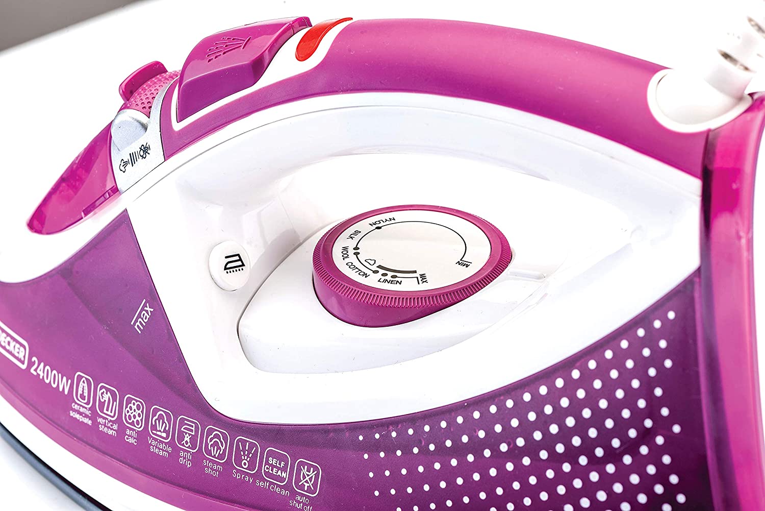 Black+Decker 2400W Steam Iron with Auto Shutoff and Ceramic Soleplate, Magenta - X2450-B5, 2 Years Warranty