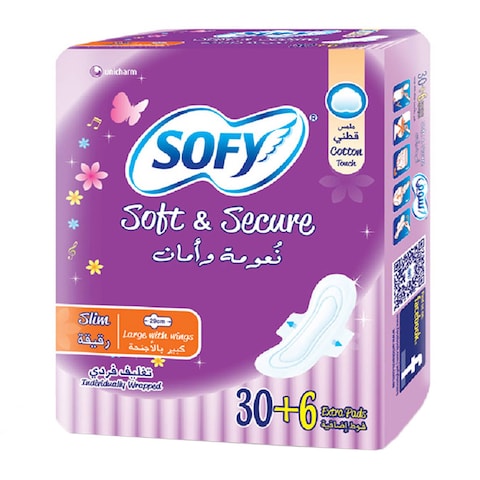 Buy Sofy sanitary napkin for women soft and secure large with wings 30 + 6 pads in Saudi Arabia