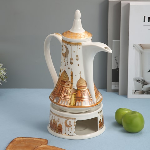 Ramadan Design Arabic Coffee Pot ceramic, Healthy and Extremely Heat Resistant with Candle Warmer, with ramadan design ,white and gold color (L-30*W-7*H-15.5CM)