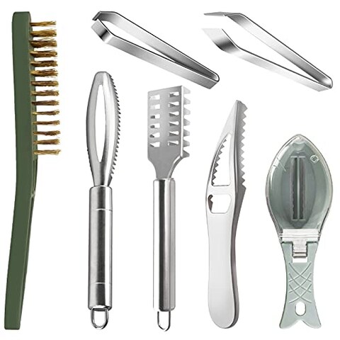 Fish Scaler Remover Set, 7 Pcs Fish Scales Tools with Stainless Steel Sawtooth, Fish Scraper Fish Bone Tweezers Fish Skin Peeler for Family, Seafood Markets, Remover Fish Scales