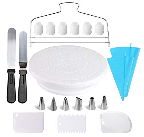 Dorsa Cake Decorating Supplies,21Pcs Cake Decorating Set With Cake Rotating Turntable, Icing Spatulas,Cake Scrappers, Cake Cutter, Piping Nozzles,Pastry Bag,Piping Tip Couplers, White, B07Mx8D33K