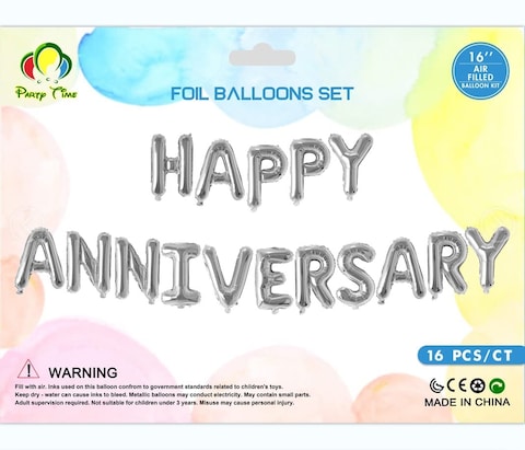 Party Time 1 Set of 16inches Silver Happy Anniversary Foil Balloon For Anniversary Party Decoration, Banner Backdrop for Anniversary Celebration - Valentine&#39;s Day Party Supplies