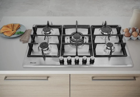 Milton 5 Burner Built In Stainless Steel Gas Hob With Auto Ignition, Euro Pool Burners, Cost-Iron Pan Support, Inox Capped Knobs, Silver, 90 x 60 cm Model - MHG907SS -1 Year Warranty