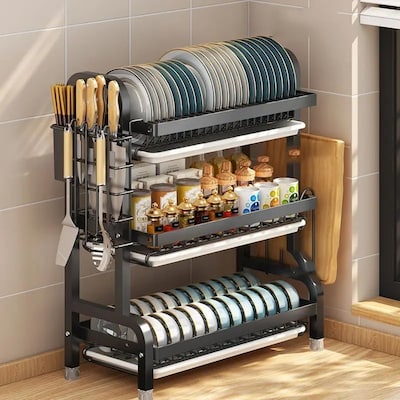 GStorm Dish Drying Rack, 3 Tier Dish Rack with Tray Utensil Holder, Large Capacity Dish Drainer with Cutting Board Holder Drain Board