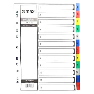 ماكسي فاصل ملفات ملون من 1 إلى 12 قسم من مادة البولي بروبيلين- أبيض.