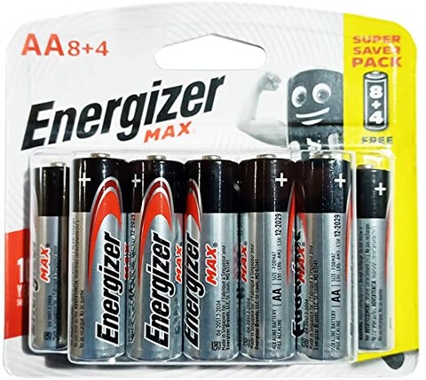 Energizer E91BP12 Max 1.5V Alkaline AA Batteries, 12 Pieces - Black