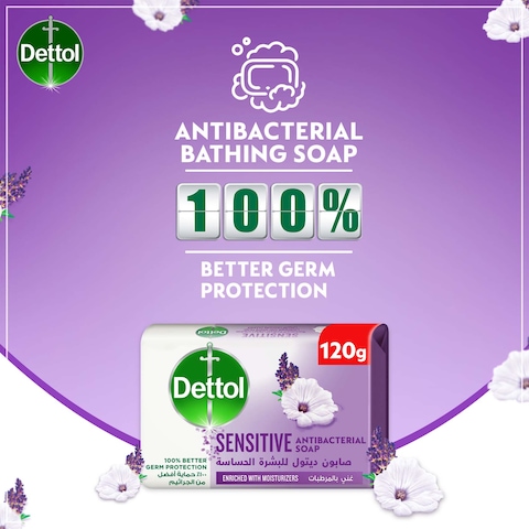 Dettol Sensitive Antibacterial Bathing Soap Bar, Lavender &amp; White Musk Fragrance, 120g