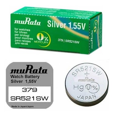 Murata 379 (SR521SW) 1.55V Silver Oxide 0% Hg Mercury Free Battery For Watches - 10 Batteries