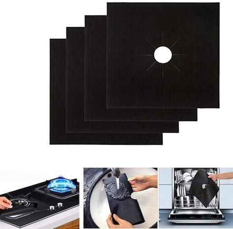 4pcs Gas Stove Burner Covers (27cms *27 cms) and 2pcs Silicone Stove Counter Gap Cover (Black, 21in), Non-Stick Gas Range Protectors Reusable Aluminum Foil Cover Liner Mat Pad - Dishwasher Safe, Black