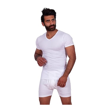 جيل بنصف كم ورقبة حرف V للرجال - أبيض - M1599-SZ9