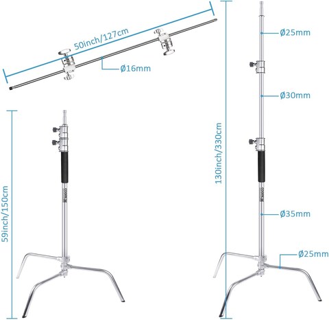 COOPIC C Stand Stainless Steel 330cm/10ft Max. Height Studio Photo Video 4 feet Holding Arm Grip with Turtle Base for Light Reflector (1 PACK)