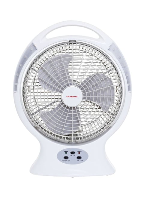 Olsenmark OMF1579 Desktop Rechargeable Fan with LED, 12 Inch - 2 Speed Setting - Lead-Acid Battery - USB Charging - Portable, Lightweight - Overcharge &amp; Over discharge Protection - Home/Offi