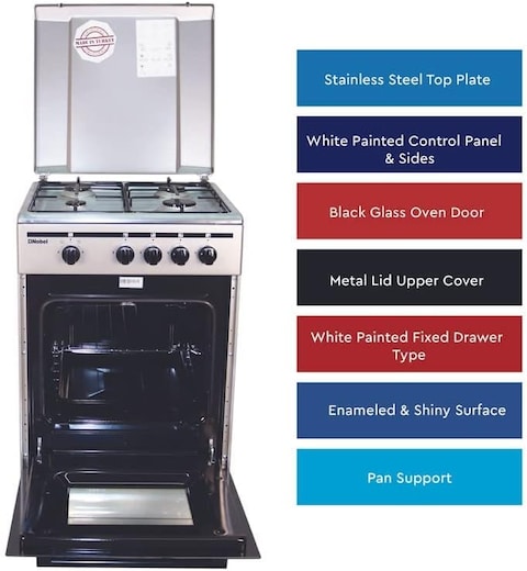 Nobel 50 x 50 Gas Cooker, 4 Gas Burners, Gas Oven With Grill Function, Enamel Grids Lid Stainless Steel Top, Made in Turkey NGC5000 Silver