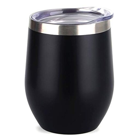 SUNWILL Vacuum Insulated Wine Tumbler with Lid  Black   Stemless Stainless Steel Insulated Wine Glass 12oz  Double Wall Durable Coffee Mug  for Champaign  Cocktail  Beer  Office use
