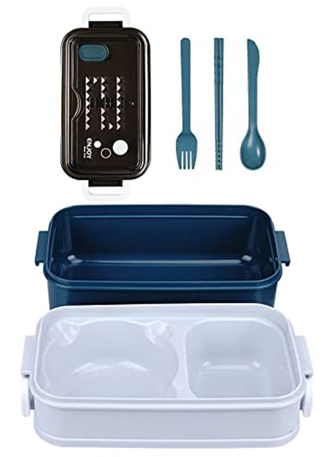 Lunch Box for Adults &amp; kids with 2 Compartments portion &amp; 2 Dividers and cutlery set Blue Color