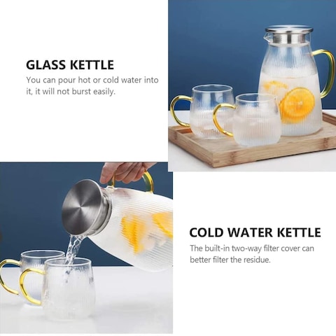 1Chase️ Heat Resistant Borosilicate1500 ml Glass Water Pitcher With Stainless Steel Strainer Lid With Set Of 2 Pcs 350 ml Glass Mugs For Tea, Coffee, Juice, Milk And For Daily Use