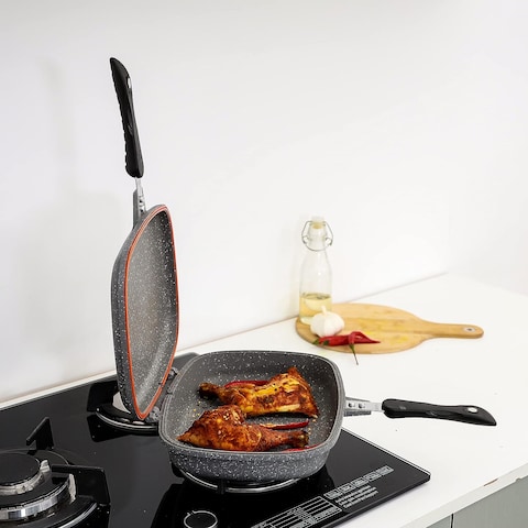 Royalford Double Grill Pan, 36cm - Die-Cast Double-Sided Non-Stick Griddle Pan - Foldable Flipping Grill Frying Pan - Camping Cookware Steak Grill Saucepan , Ideal For Grill Fry Roast Steam