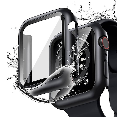 Waterproof Case Compatible with Apple Watch 44mm SE Series 6 5 4 with Tempered Glass Screen Protector, Hard PC Bumper Case + Scratchproof 9H Glass Film Full Protective Case for iWatch 44mm