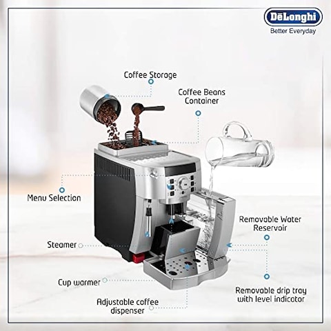 De&#39;Longhi Fully Automatic Bean To Cup Coffee Machine With Built in Grinder, One Touch Espresso Cappuccino Latte Machiato Maker, Italian design, Best for Home &amp; Office, ECAM22.110.SB, Silver