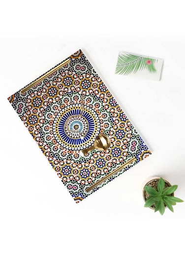 Lowha Decorative Acrylic Serving Tray With Gold Metal Handles And Mosaic Design 20x30 cm