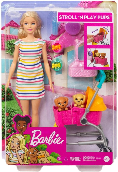 Barbie Stroll &lsquo;N Play Pups Playset With Barbie Doll, 2 Puppies And Pet Stroller Ghv92