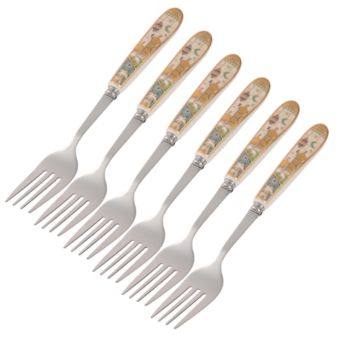 Ramadan Design Dinner Stainless Steel Forks Silverware - 6Pcs Dinner Fork with Ceramic Handle Stainless Steel Cutlery Forks Set - Dessert Forks and Spoons Silverware for Home-Green and White Color