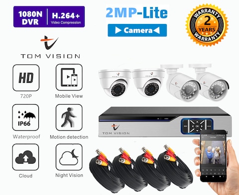 Tomvision - 2Megapixels 4CH Home Security Camera System, Surveillance DVR kit with 2 Dome Camera/Indoor Camera &amp; 2 Bullet Camera/Outdoor Camera (4CH No HDD)