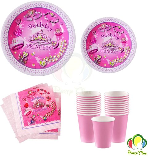 اشتري Party Time 48-Pieces Pink Princess Birthday Party Pack 9" Dinner Paper Plates , 7" Dessert Paper Plates, 9 oz Cups, 2 Ply Napkins - Happy Birthday Party Tableware Set - Pink Princes Theme Design في الامارات