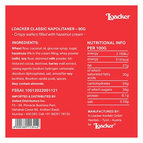 Loacker Tortina Imported Milk Chocolate Hazelnut Wafer 90g
