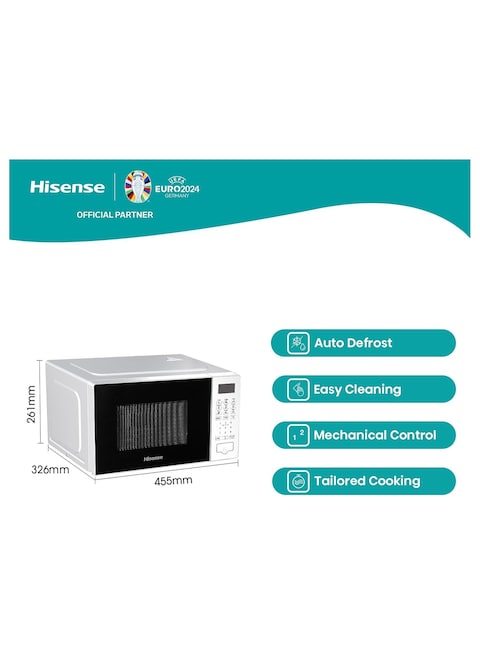 Hisense Digital Solo Microwave Oven Automatic Defrost, 9 Auto Cook Menus, Clock &amp; Timer, Easy Clean 20L, 700W, H20MOWS4, White