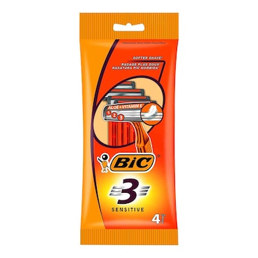 BIC 3 Sensitive - Men&#39;s One-piece Razors, Designed with Triple-Blade Technology for a Close and Comfortable Shave - Pack of 4