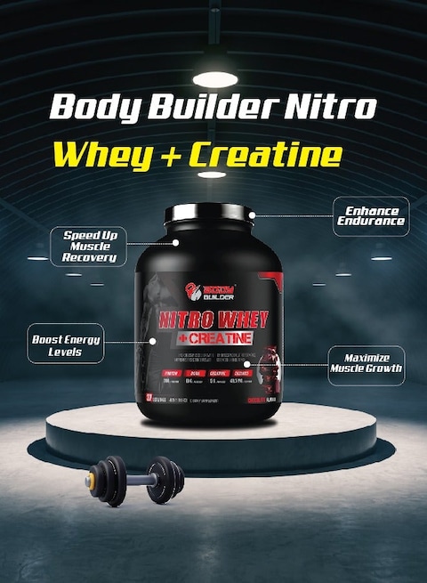 Body Builder Nitro Whey Protein Plus Creatine, Blend Whey Protein Concentrated And Isolated,Contains Digestive Enzymes, Vanilla Flavor, 4 Lbs