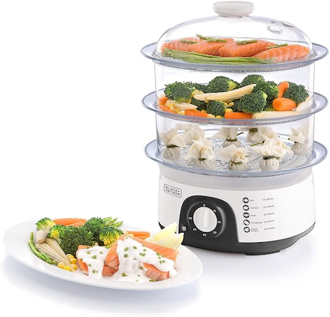Black &amp; Decker 775W 10 Liter 3-Tier Food Steamer With Timer, White - Hs6000-B5, 2 Years Warranty