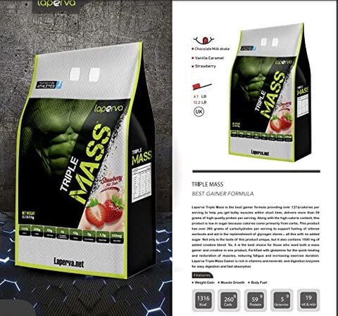 Lapera Mass Gainer Triple Mass Weight Gainer Protein Powder, Muscle Growth And Body Fuel With 1316 Kcal Vitamin &amp; Minerals Strawberry Milk Shake, 13.2 Lb