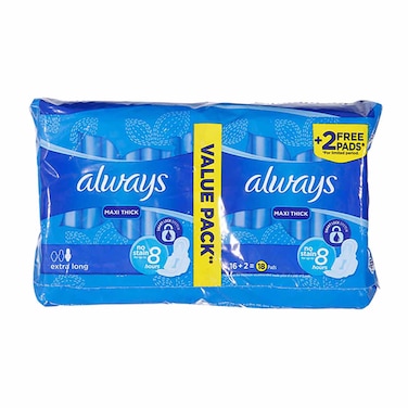 فوط صحية اولويز ماكسي السميكة بالاجنحة، طويل جدا - 16+2 فوطة