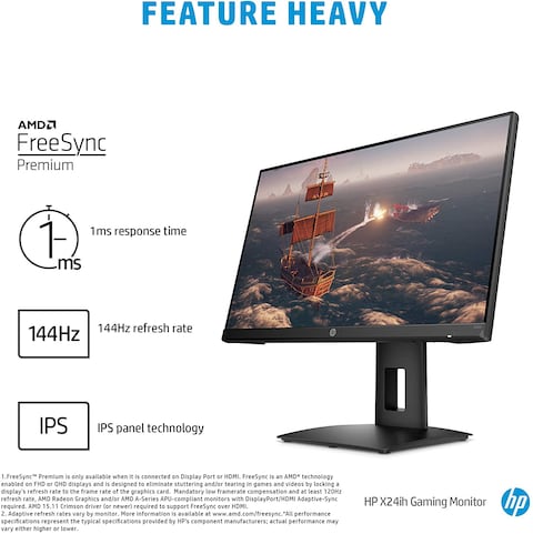 HP X24IH Gaming Monitor, 144 Hz Refresh Rate, 1ms Response, Ultrawide IPS 24 Inch Panel Screen, Height Adjustable Stand (1 HDMI, 1 Display Port)