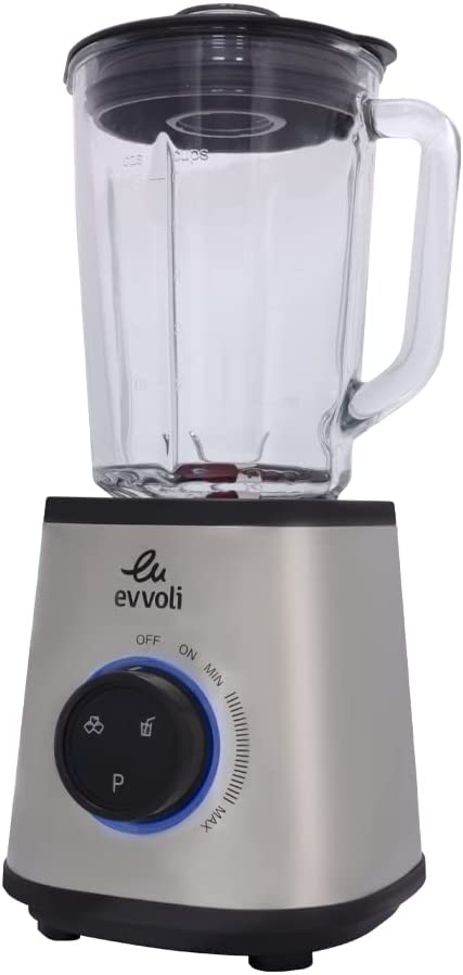 Evvoli Blender 1.5 liters With Glass Jar High Power Premium, Ice Crusher, 1500W, Smart Program Selection Stainless Steel &amp; Black, EVKA-BL15SB