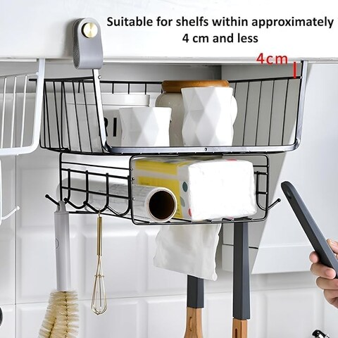 COZY NEST Hanging Shelf Storage Kitchen Organizer Basket,Under Cabinet Slide-in Wire Rack With 8-Hooks For Towels/Knives/Key/Cups/Tissue for Laundry,Room